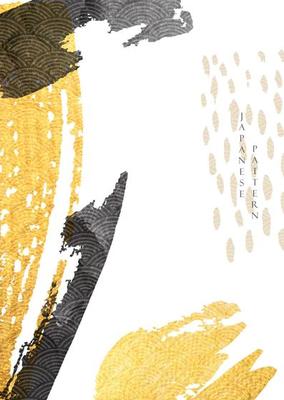 Abstract art background with gold texture vector. Japanese wave pattern and stone element with brush stroke template illustration in oriental style.