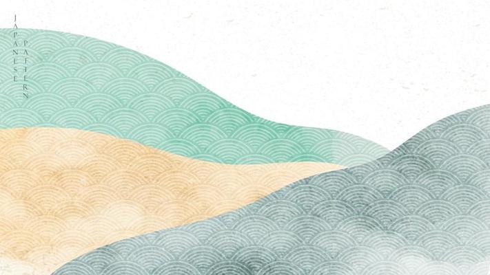 Natural landscape background with Japanese pattern vector. Mountain forest template with watercolor texture. Abstract arts wallpaper.