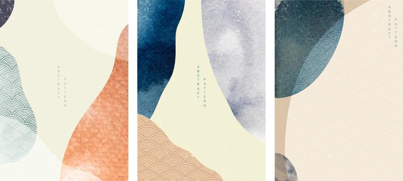 Abstract background with watercolor texture vector. Curve element with Japanese wave pattern in vintage style.