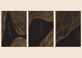 Abstract landscape background Japanese wave pattern vector. Gold line elements in Chinese style. Mountain forest template illustration. vector