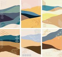 Natural landscape background with Japanese wave pattern vector. Mountain template illustration with vintage icons. vector