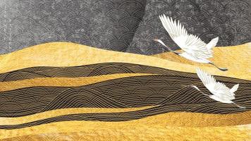 fondo de paisaje de arte con vector de textura dorada. patrón de onda dibujado a mano japonesa con pájaros de grúa y pancarta de montaña en estilo vintage.