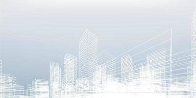 Perspective 3D render of building wireframe. Vector wireframe city background of building.