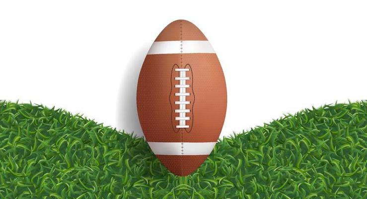 American football ball with green grass texture background. Vector.