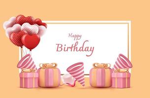 diseño vectorial de feliz cumpleaños para tarjetas de felicitación y póster con globo, confeti y caja de regalo, plantilla de diseño para celebración de cumpleaños. vector