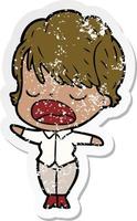 distressed sticker of a cartoon woman talking vector