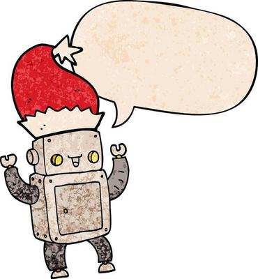 cartoon christmas robot and speech bubble in retro texture style