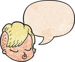 cartoon female face and speech bubble in retro texture style vector