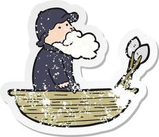 distressed sticker of a cartoon fisherman vector