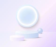 Blue and pink cylinder pedestal podiums with sphere ball and mirror with illuminate circle ring neon lamp on pink background. Abstract minimal cosmetic products display presentation vector