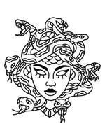 Medusa head with snakes greek myth creature coloring vector illustration. Line art minimalist abstract woman head. Snakes hair Goddess