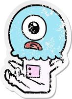 distressed sticker of a cartoon cyclops alien spaceman vector