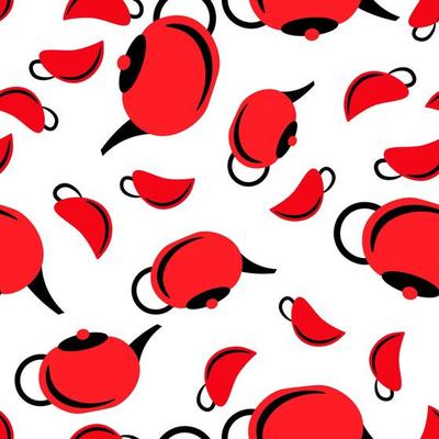 Seamless background with cups and a kettle.