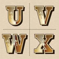 Western alphabet letters vintage design vector u, v, w, x