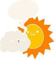 dibujos animados de sol y nube y burbuja de habla en estilo retro vector