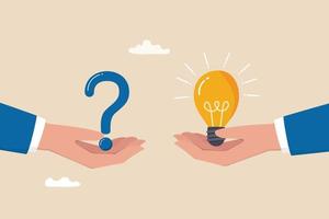 Question and answer, solving problem or business solution, ask for reply or idea to solve difficulty and trouble, FAQ concept, businessman hand holding question mark with other reply with lightbulb. vector