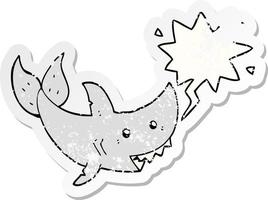 cartoon shark and speech bubble distressed sticker vector