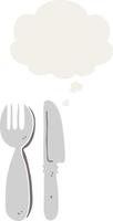 cartoon knife and fork and thought bubble in retro style vector