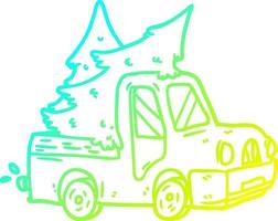 dibujo de línea de gradiente frío camioneta con árboles de navidad vector