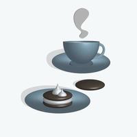 taza con una bebida y pastel en un platillo. para cafeterías, restaurantes. ilustración 3d vector