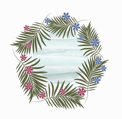 Frame of leaves of tropical palm trees. Depicted the sea, the flowers. Tropics.
