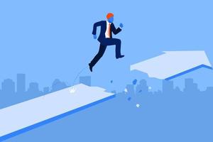 Businessman jump through the arrow gap obstacles to success. Business risk and success concept. Vector Illustration
