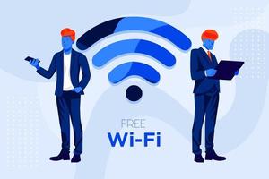 hombre de negocios usando teléfono inteligente y tableta con símbolo de wi-fi gratis color azul. vector