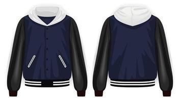 Blue, black, and white varsity jacket with hoodie front and back view, vector mockup illustration