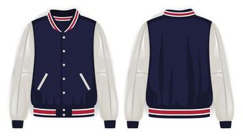 Blue, white, and red varsity jacket front and back view, vector mockup illustration