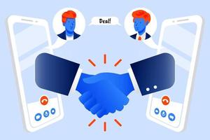 Businessman hand shake deal, agreement and partnership, business contract through smart phone vector