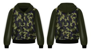 Green jacket army with camouflage pattern and hoodie front and back view, vector mockup illustration