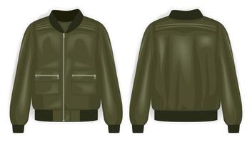 Green bomber jacket army front and back view, vector mockup illustration