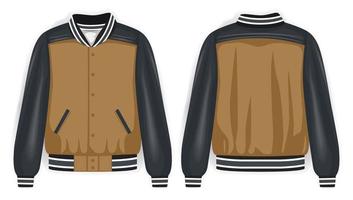 Brown, grey, and white varsity jacket front and back view, vector mockup illustration