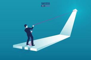 Businessman standing on arrow graph and pulling it upwards with rope. grow chart up increase profit sales and investment vector