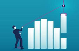 el hombre de negocios baja el gráfico de negocios con cuerda y carrete. gráfico de crecimiento hacia arriba aumentar las ganancias las ventas y la inversión vector