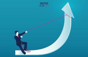 Businessman standing on arrow graph and pulling it upwards with rope. grow chart up increase profit sales and investment vector