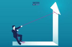 Businessman standing on arrow graph and pulling it upwards with rope. grow chart up increase profit sales and investment vector