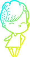 cold gradient line drawing cartoon squinting girl in dress vector