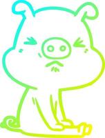 cold gradient line drawing cartoon angry pig sat waiting vector