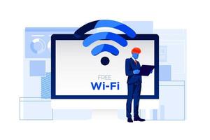 Business man using computer and tablet with free wifi symbol blue color vector