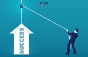 hombre de negocios tirando del gráfico de flecha de éxito hacia arriba con cadena. aumentar la tabla aumentar las ventas de ganancias y la inversión.