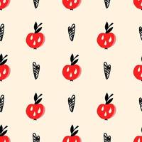 Vector pattern with a red apple and hearts in a flat style on a beige background. Modern pattern for fabrics, T-shirts, gift wrapping, postcards, holidays