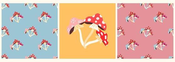 vector set of patterns and posters with mushrooms-fly agaric, in a flat modern style on a colored background. Pattern for Halloween, postcards, T-shirts, fabrics, packaging