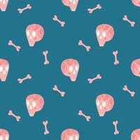 Vector pattern for Halloween with pink skulls, tattoos and pink bones on a blue background. Holiday illustrations, packaging, T-shirts, posters, postcards, pajamas
