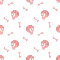 Vector pattern for Halloween with pink skulls, tattoos and pink bones on a white background. Holiday illustrations, packaging, T-shirts, posters, postcards, pajamas