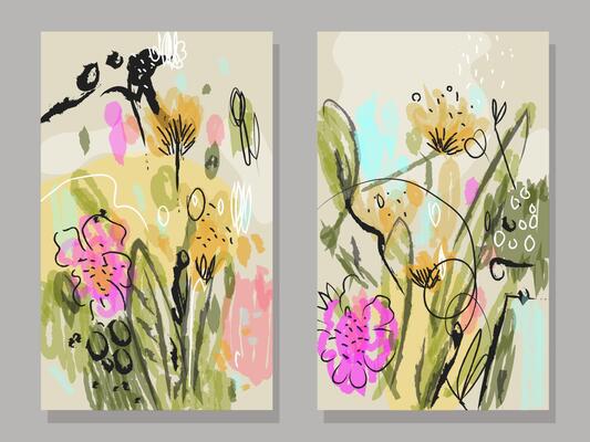 A set of abstract floral,tropical hand drawn vector illustration. Contemporary grunge natural background.