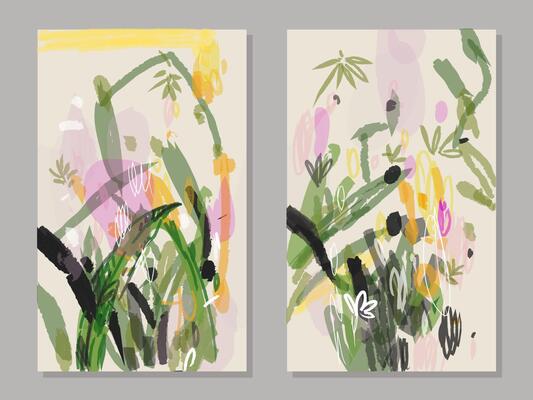 A set of abstract floral,tropical hand drawn vector illustration. Contemporary grunge natural background.