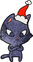 confused textured cartoon of a cat wearing santa hat vector