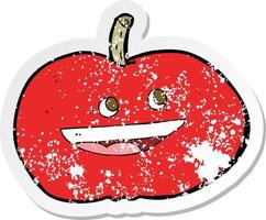 retro distressed sticker of a cartoon happy apple vector