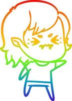 rainbow gradient line drawing annoyed cartoon vampire girl vector